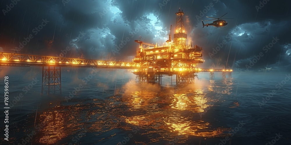 Fototapeta premium Capturing the eerie allure of the ocean at night, a helicopter's beam illuminates the oil rig, enhancing the dramatic scene.