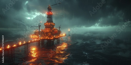 A helicopter sweeps over the oil rig, its spotlight piercing the intense ocean backdrop in a dramatic cinematic night shoot. photo