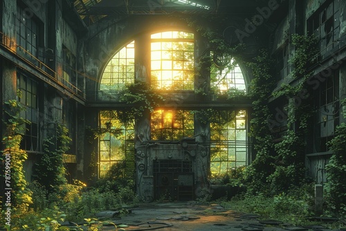 Dilapidated factory overtaken by nature, vines entwining old machinery under a radiant dawn light. photo