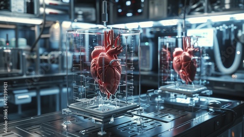 Futuristic biotech lab growing synthetic organs, vessels visible in transparent incubators, showcasing medical advancements. photo