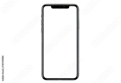 Black modern smartphone with a blank screen and a notch at the top center on a white background