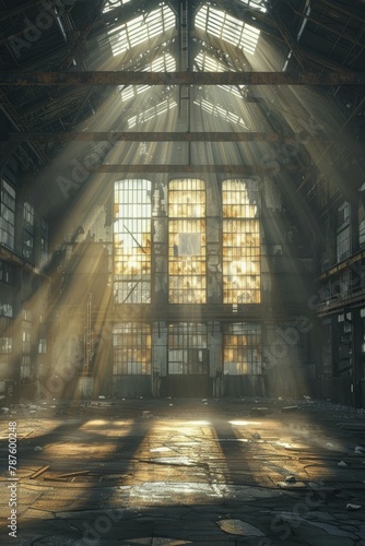 Majestic factory halls with cathedral-like ceilings and beams of light streaming through dust, awe-inspiring scale. © Kanisorn
