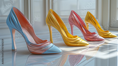 Designer model of elegant summer women's high-heeled shoes in different colors. Bright spring colors 