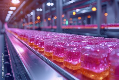 Colorful sweets remain motionless on the silent conveyor belt of an abandoned candy factory, frozen in time on the production line. photo