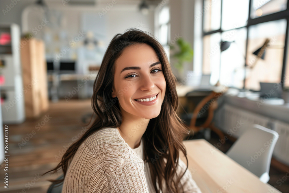 Photo of beautiful happy woman looking at camera while sitting at office