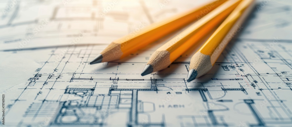 Architectural plans and blueprint scrolls along with two yellow pencils. Architectural plans and blueprint scrolls along with two yellow pencils.