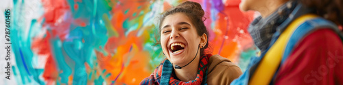 A person with a cognitive disability smiling while engaging in a creative art therapy session photo