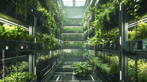 Amidst metallic structures, verdant layers ascend in a vertical farm within an urban industrial building.