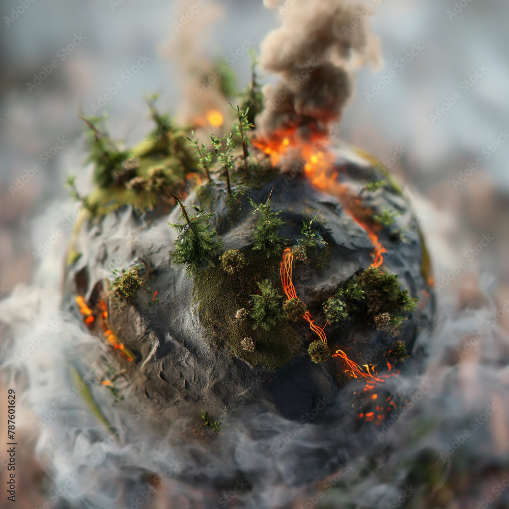 Miniature World on Fire, Conceptual Representation of Climate Crisis Miniature World on Fire, Conceptual Representation of Climate Crisis