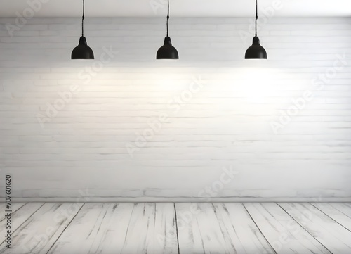 Interior with a white brick wall and wooden floor, two black pendant lamps hanging from the ceiling casting light on the wall