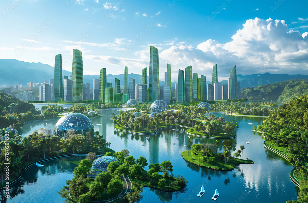 Fototapeta premium Futuristic Eco-City with Lush Greenery and Sustainable Architecture