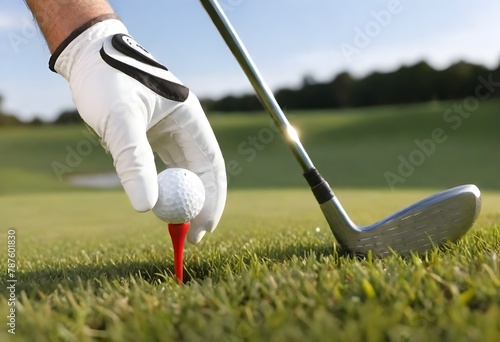 Close-up of a golfer's gloved hand placing a golf ball on a red tee on a grassy field, with a golf club head positioned nearby, ready for a swing in daylight