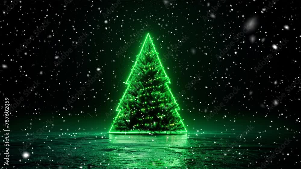 Christmas tree. Falling snowflakes. Falling snowflakes effect. Midnight snowfall. Christmas lights. Neon. Looped snow. Generative AI. Christmas tree. Falling snowflakes. Falling snowflakes effect. Midnight snowfall. Christmas lights. Neon. Looped snow. Generative AI.