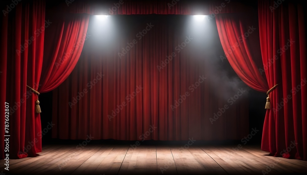 Red stage curtains with a spotlight on a wooden stage floor and theatrical smoke above - obrazy, fototapety, plakaty 
