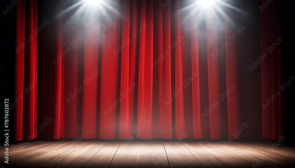 Red stage curtains with a spotlight on a wooden stage floor and theatrical smoke above