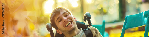 A person with a cognitive disability smiling while volunteering at an animal shelter
