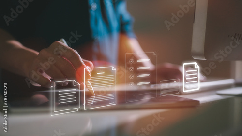 Document data system Report HR technology Concept: Businessman Manager using pen and digital tablet working with virtual documents reports files icon