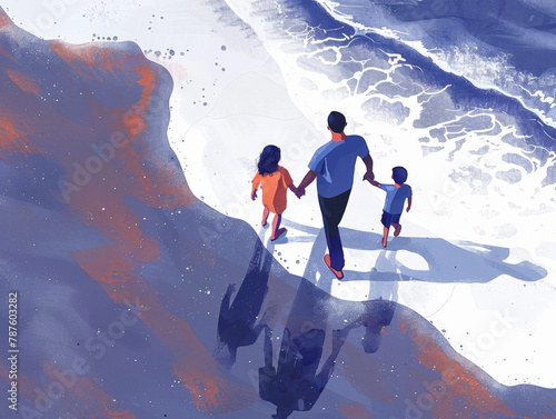 Illustration of a family holding hands on a beach, with waves gently lapping at the shore. photo
