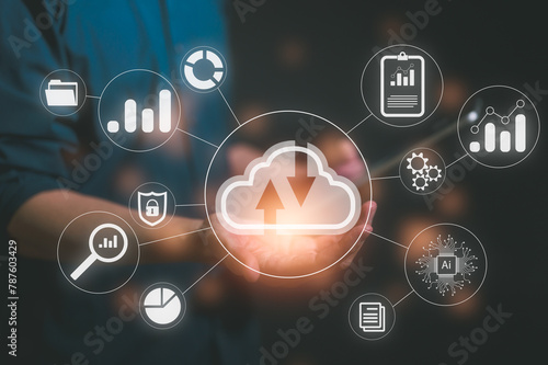 Cloud computing concept businessman holding cloud computing diagram and icons show on hand. Cloud technology. Data storage. Networking and internet service concept