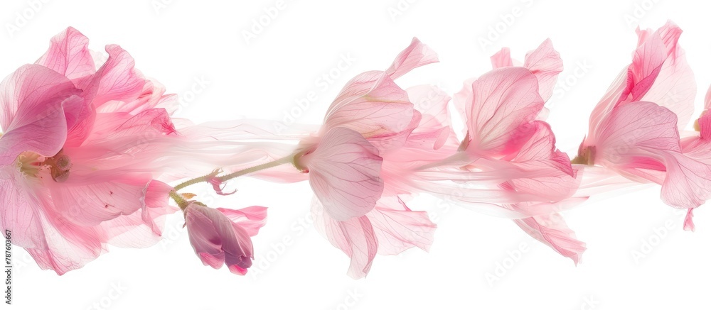 Pink flower petals and buds, gracefully moving in the breeze, are captured in great detail against a pure white background. Pink flower petals and buds, gracefully moving in the breeze, are captured in great detail against a pure white background.