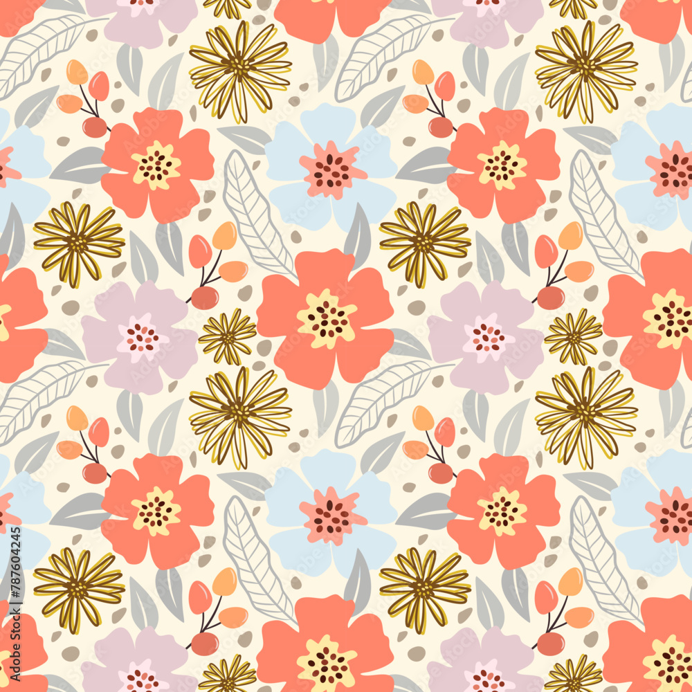 Cute colorful blooming flowers seamless pattern. This pattern can be used for fabric textile wallpaper giftwrap paper background.