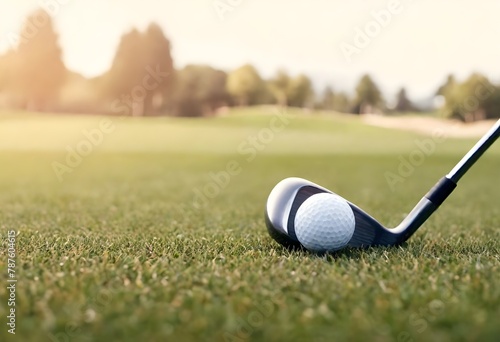 Golf ball and club on the grass with a golf course in the background during the daytime