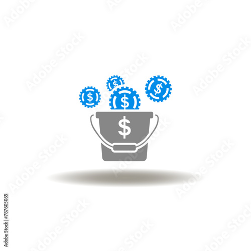 Vector illustration of bucket with money coins. Icon of revenue. Symbol of investments and profits.