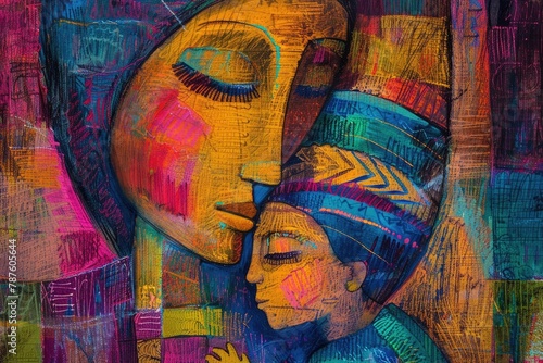 Colorful abstract painting of mother and child Embracing in a warm hug
