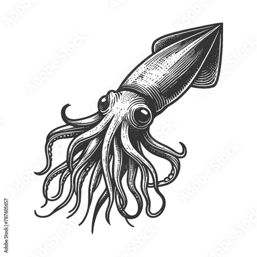 squid with flowing tentacles sketch engraving generative ai fictional character vector illustration. Scratch board imitation. Black and white image.