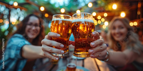 Two friends toasting with glasses of beer, exeterior