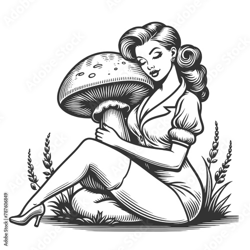 Pin-up girl hugs mushroom, infused with a whimsical, fantastical theme sketch engraving generative ai fictional character vector illustration. Scratch board imitation. Black and white image.