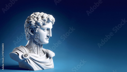 Marble statue of ancient person and robot humanoid on blue background