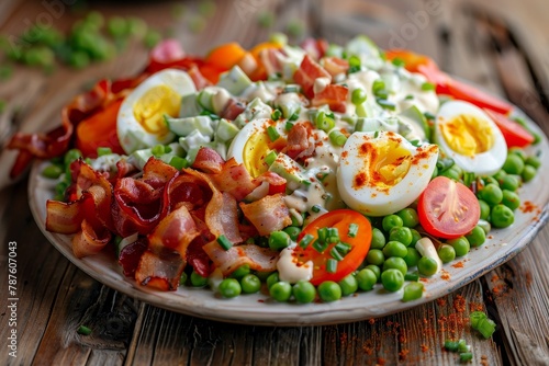 Organic Cobb salad with homemade Ranch dressing eggs bacon veggies on barn wood table
