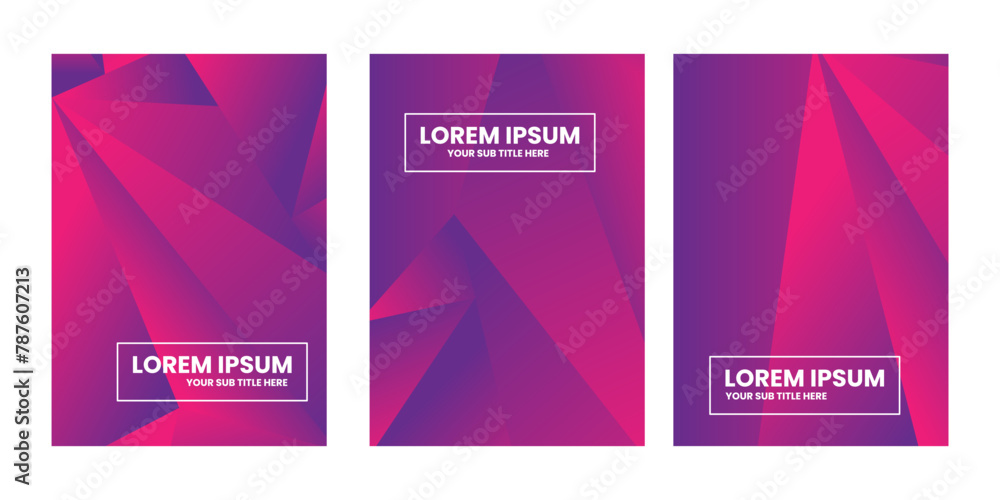 Three panels with purple gradient and geometric shapes.
