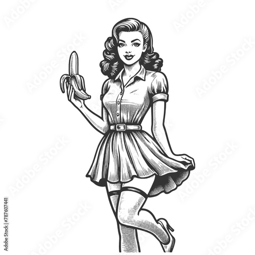 pin-up girl playfully peeling a banana, capturing a cheeky and fun 1950s vibe sketch engraving generative ai fictional character vector illustration. Scratch board imitation. Black and white image.