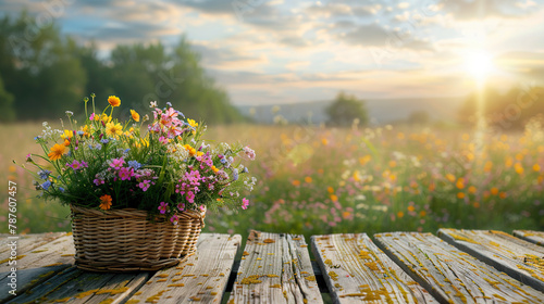 beautiful spring flowers on wooden desk table top with nature background , space for text, cards banners or posters 