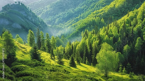 Summer forest on mountain slopes  ,Generative ai,  photo
