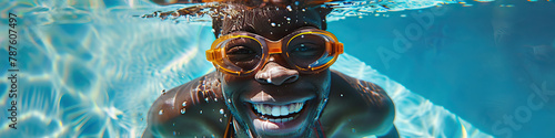 A person with a limb difference smiling while swimming in an accessible pool 