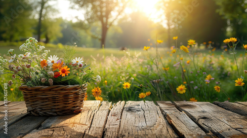 beautiful spring flowers on wooden desk table top with nature background , space for text, cards banners or posters 