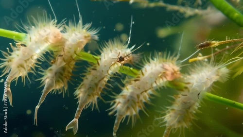 A group of tiny longtailed creatures their bodies covered in soft feathery fur. They seem to be a cross between a caterpillar and . AI generation. photo