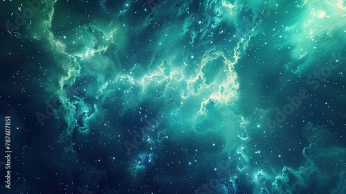 3d render of space background, static mood, calm mood, blue is main color and green is point color, refreshing and bright mood, fresh photo