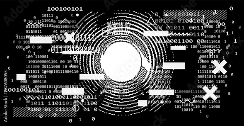 Abstact grunge sci-fi background with geometic pixelated figures and patterns.