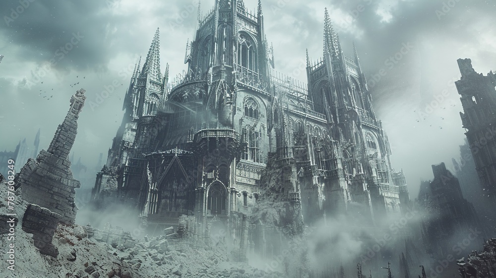 A Baroque cathedral standing resilient in a post-apocalyptic wasteland, its intricate facade contrasted by desolation, in baroque silver and apocalyptic dust