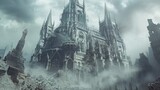 A Baroque cathedral standing resilient in a post-apocalyptic wasteland, its intricate facade contrasted by desolation, in baroque silver and apocalyptic dust
