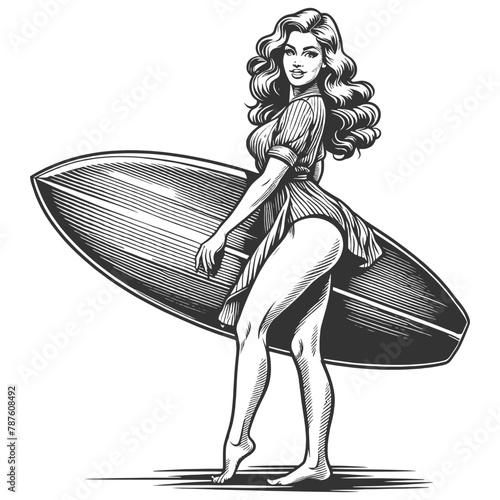 Hawaii flower pin-up girl woman with a surfboard, classic beach vibes allure of surfing culture sketch engraving generative ai fictional character vector illustration. Black and white image.