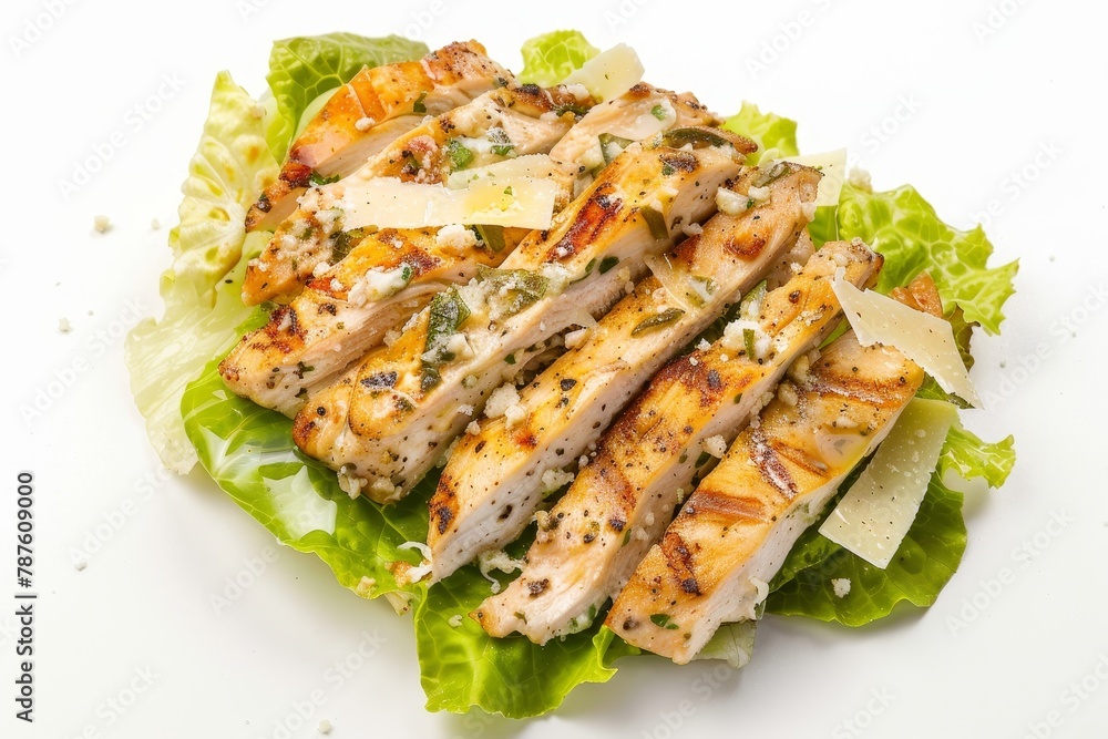 Overhead shot of Caesar salad with grilled chicken romaine and Parmesan on white background Overhead shot of Caesar salad with grilled chicken romaine and Parmesan on white background