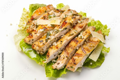 Overhead shot of Caesar salad with grilled chicken romaine and Parmesan on white background