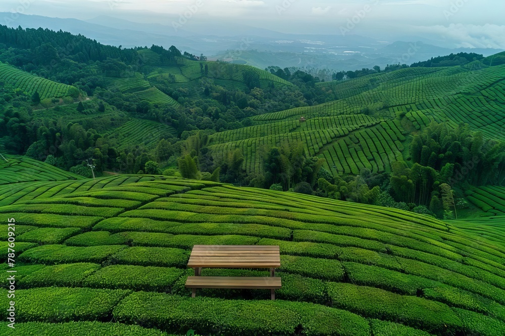 aerial view of lush green tea plantation fields on mountain slope wooden table with tea leaves farm landscape
