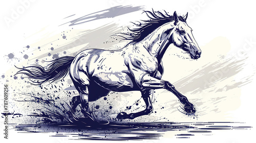 textured painting of black sketch of horse , running fast effect with paint brush rough strokes on white background, with space for text , card, banners, portraits 