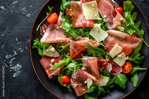 Parma salad with prosciutto arugula and Parmesan on black background
